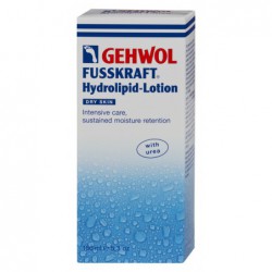Lotion Gehwol Fusskraft Hydrolipid pour le soin des pieds secs, disponible en tube de 125ml et flacon pompe de 500ml
