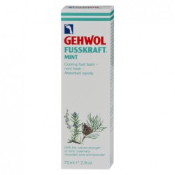 Baume rafraîchissant Gehwol Fusskraft Mint aux huiles de plantes asiatiques, disponible en formats 75 ml et 500 ml