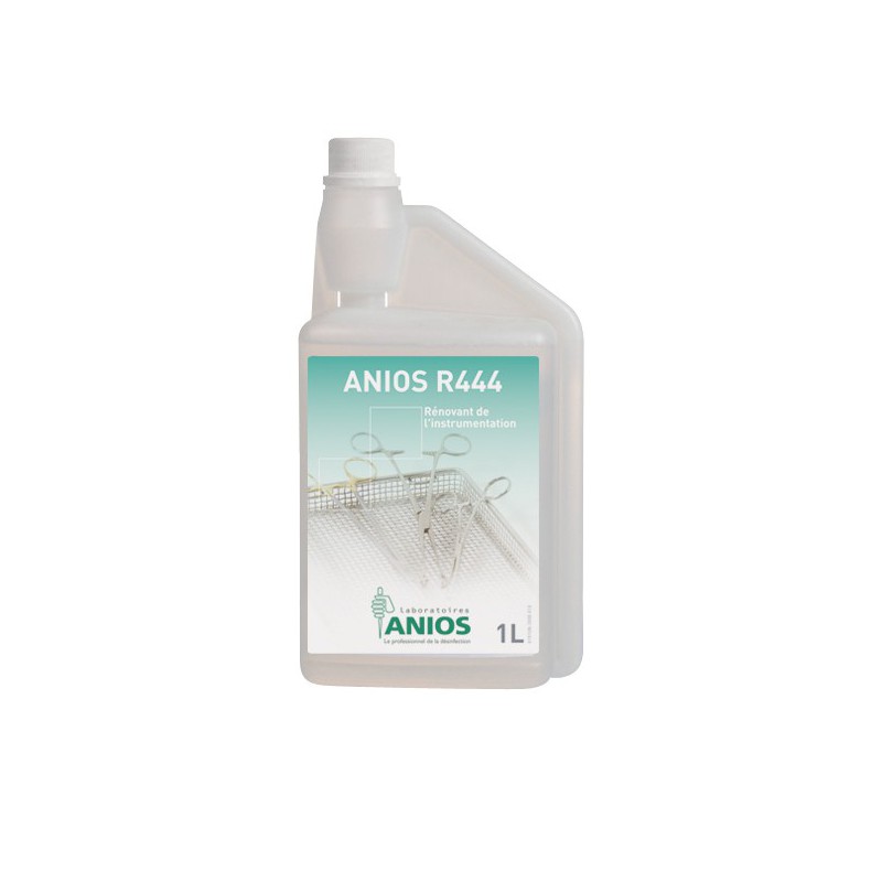 Bidon de 1L de solution rénovatrice Anios R444 pour instruments chirurgicaux en acier inoxydable avec bouchon doseur intégré