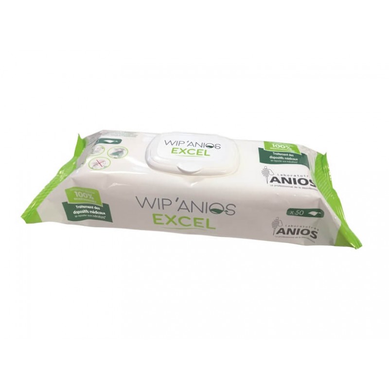 Sachet de 50 lingettes désinfectantes Wip'Anios pour le nettoyage du matériel médical et des dispositifs non immergeables