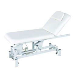 Table d'examen médicale électrique 2212 blanche à 2 plans avec roulettes, trou visage et porte-drap pour cabinet de podologie