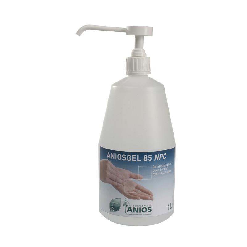 Flacon d'un litre d'Aniosgel 85 NPC avec pompe distributrice pour la désinfection des mains en milieu médical