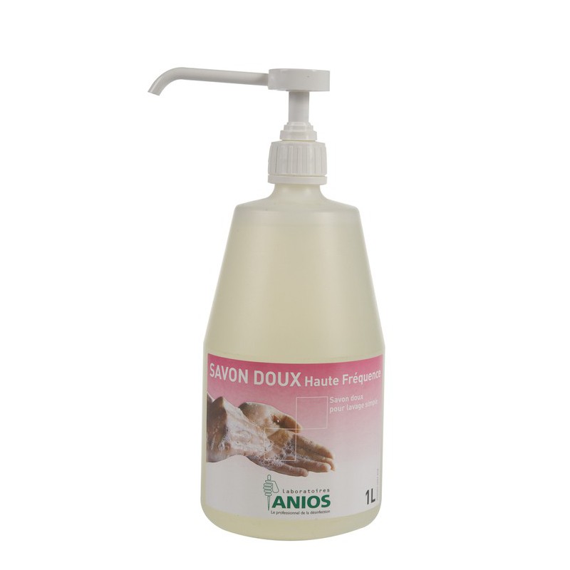Flacon d'un litre de savon doux haute fréquence avec pompe doseuse blanche pour l'hygiène des mains en cabinet de podologie