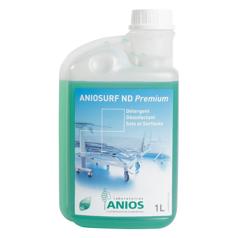 Flacon de 1 litre de désinfectant concentré Aniosurf ND Premium, usage professionnel pour les surfaces en milieu médical.