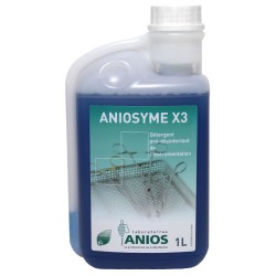 Bidon d'Aniosyme X3 DD1 (1 litre) de la marque Anios, avec doseur pour le nettoyage enzymatique des instruments de pédicurie.