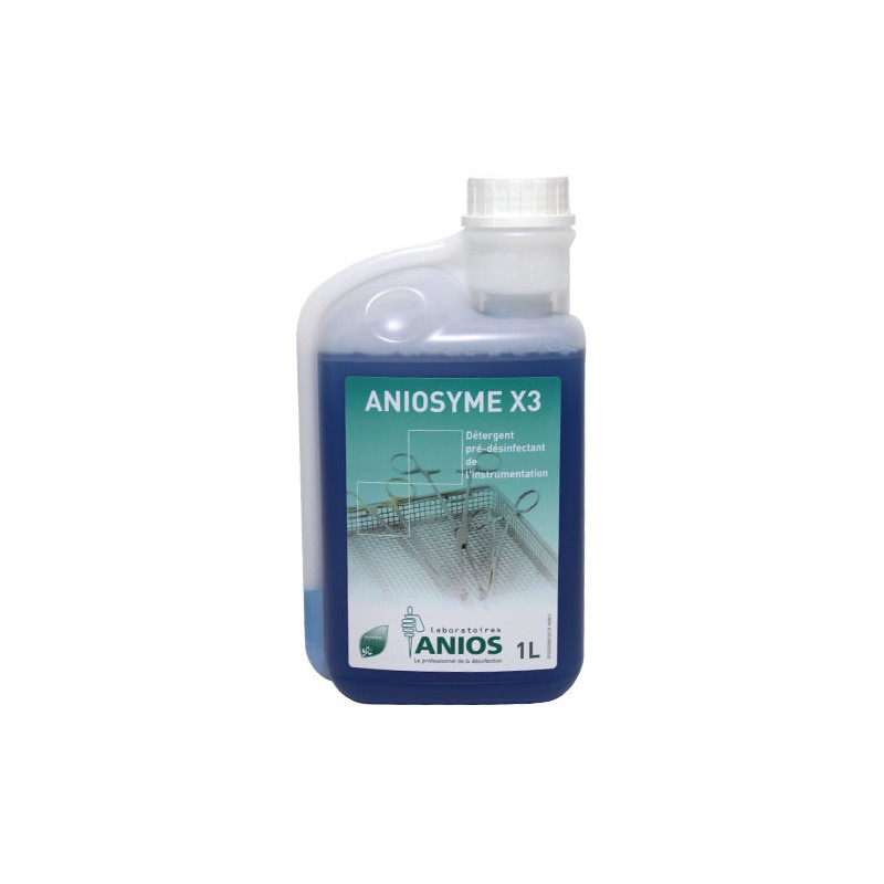 Bidon d'Aniosyme X3 DD1 (1 litre) de la marque Anios, avec doseur pour le nettoyage enzymatique des instruments de pédicurie.