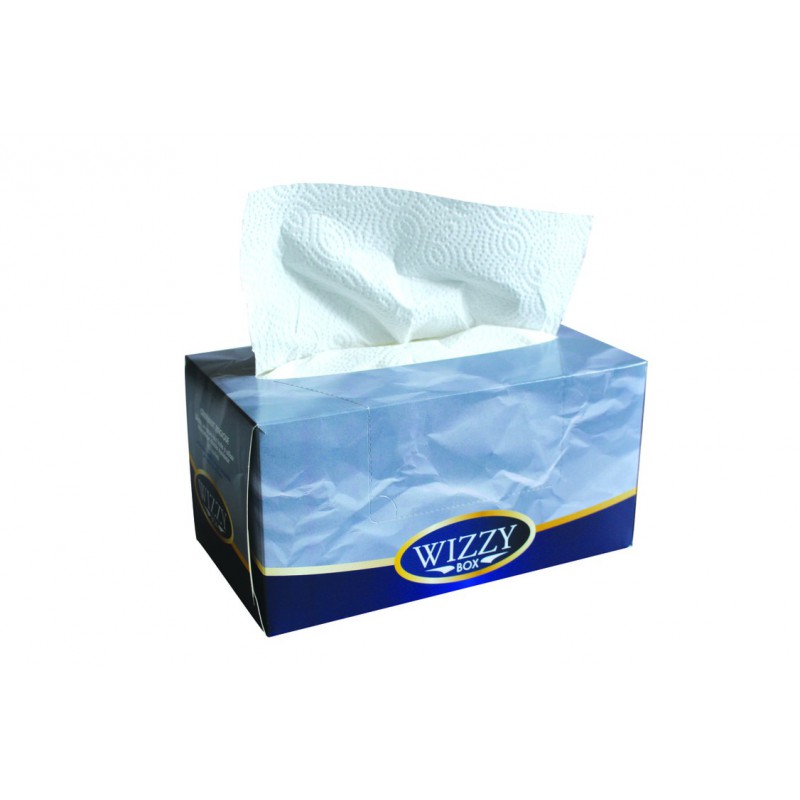 Boîte distributrice d'essuie-tout Wizzy en cellulose blanche 2 plis, format 21x21 cm pour cabinet de podologie