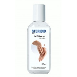 Flacon de 100ml de gel hydroalcoolique Stericid pour la désinfection des mains, sans parfum ni colorant