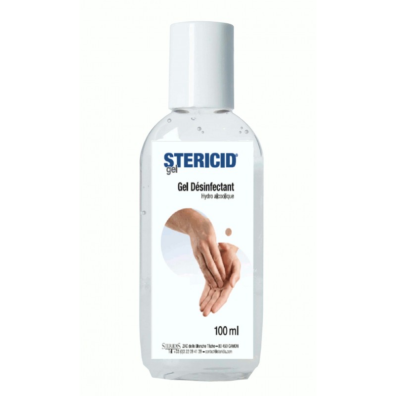 Flacon de 100ml de gel hydroalcoolique Stericid pour la désinfection des mains, sans parfum ni colorant