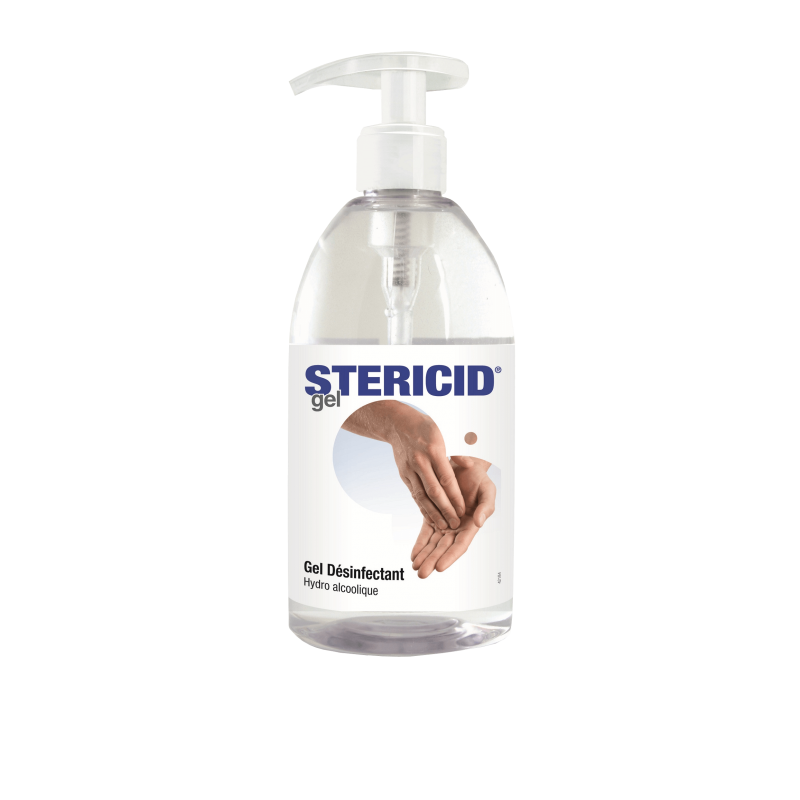 Flacon pompe de 500ml de gel hydroalcoolique Stericid pour la désinfection professionnelle des mains sans parfum