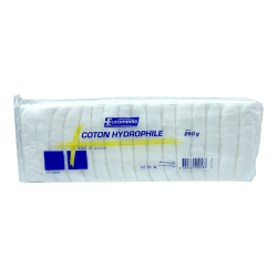 Sachet de coton hydrophile blanc de 250g, disposé en accordéon, prêt à être utilisé pour des soins ou le nettoyage médical