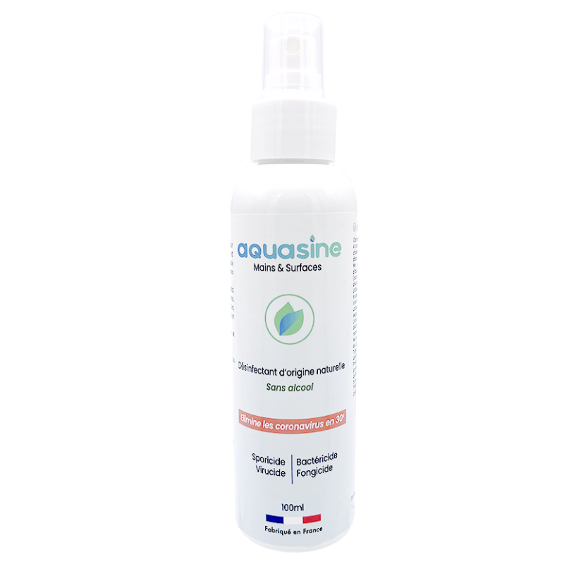 Flacon spray Aquasine 100ml désinfectant écologique sans alcool pour les mains et le petit matériel de podologie