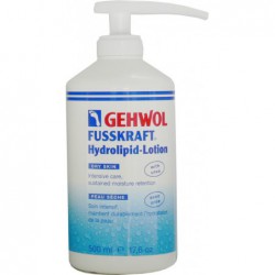Lotion Gehwol Fusskraft Hydrolipid pour le soin des pieds secs, disponible en tube de 125ml et flacon pompe de 500ml