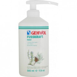 Baume rafraîchissant Gehwol Fusskraft Mint aux huiles de plantes asiatiques, disponible en formats 75 ml et 500 ml