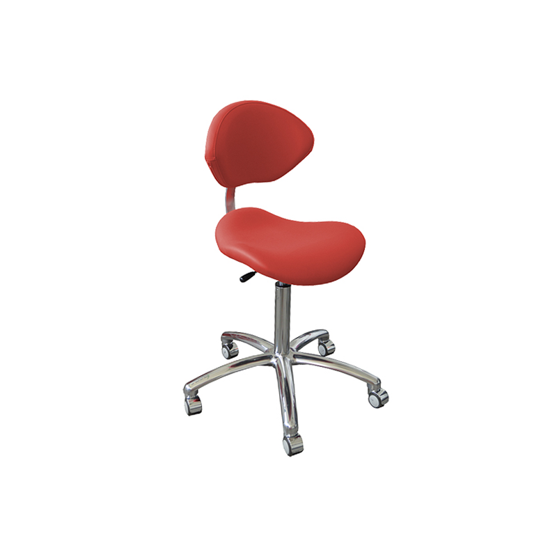 Tabouret de soin ergonomique pour podologue avec dossier coquille trapèze et base 5 roulettes
