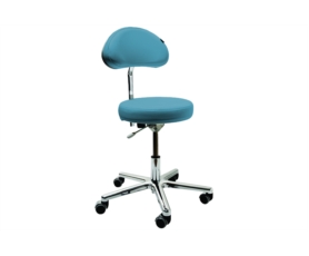 Tabouret de soin pour podologue avec dossier de maintien, base chromée 5 roulettes, disponible en plusieurs couleurs