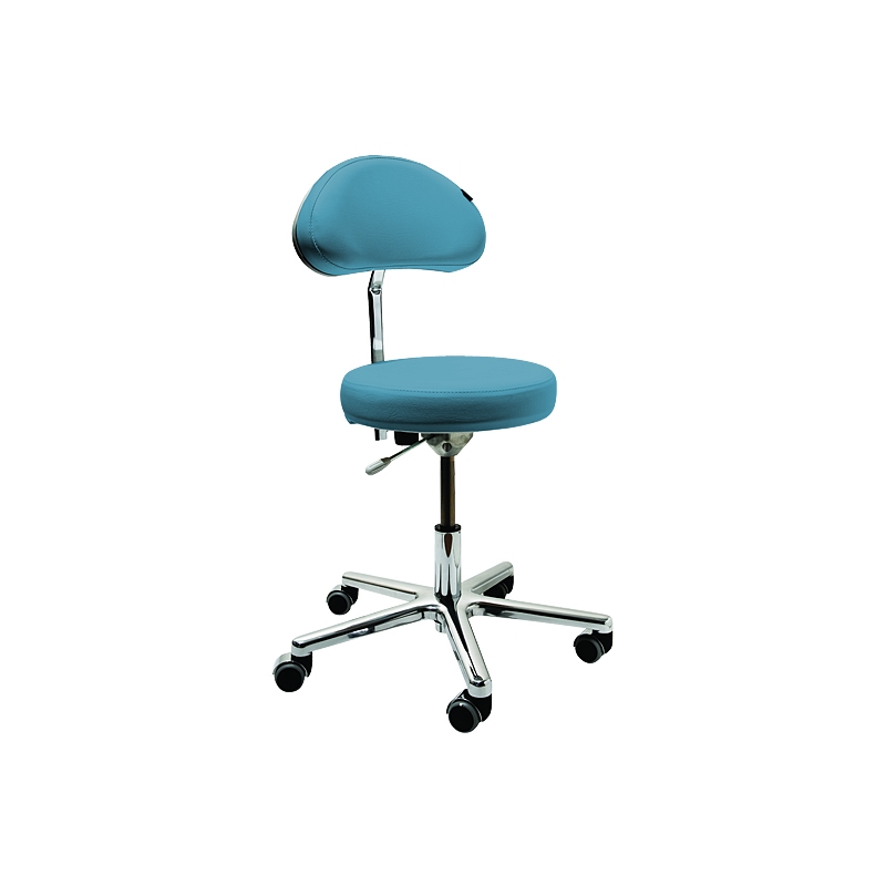 Tabouret de soin pour podologue avec dossier de maintien, base chromée 5 roulettes, disponible en plusieurs couleurs