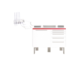 Unit de soin podologique AROSA électro-pneumatique avec système à fouets et 5 tiroirs, personnalisable avec bande colorée