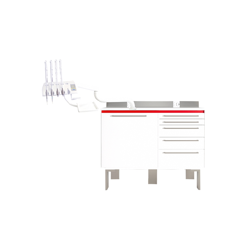 Unit de soin podologique AROSA électro-pneumatique avec système à fouets et 5 tiroirs, personnalisable avec bande colorée