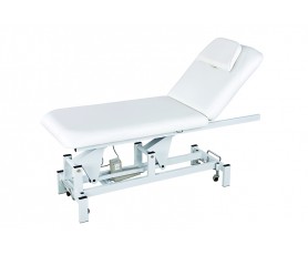 Table d'examen médicale électrique 2212 blanche à 2 plans avec roulettes, trou visage et porte-drap pour cabinet de podologie