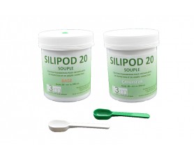 Kit Silipod 20 comprenant deux pots de 250g de silicone souple et deux cuillères de dosage pour la fabrication d'orthoplasties
