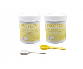 Kit Protecsil 5 comprenant deux pots de 250g de silicone très souple et deux cuillères de dosage pour podologie