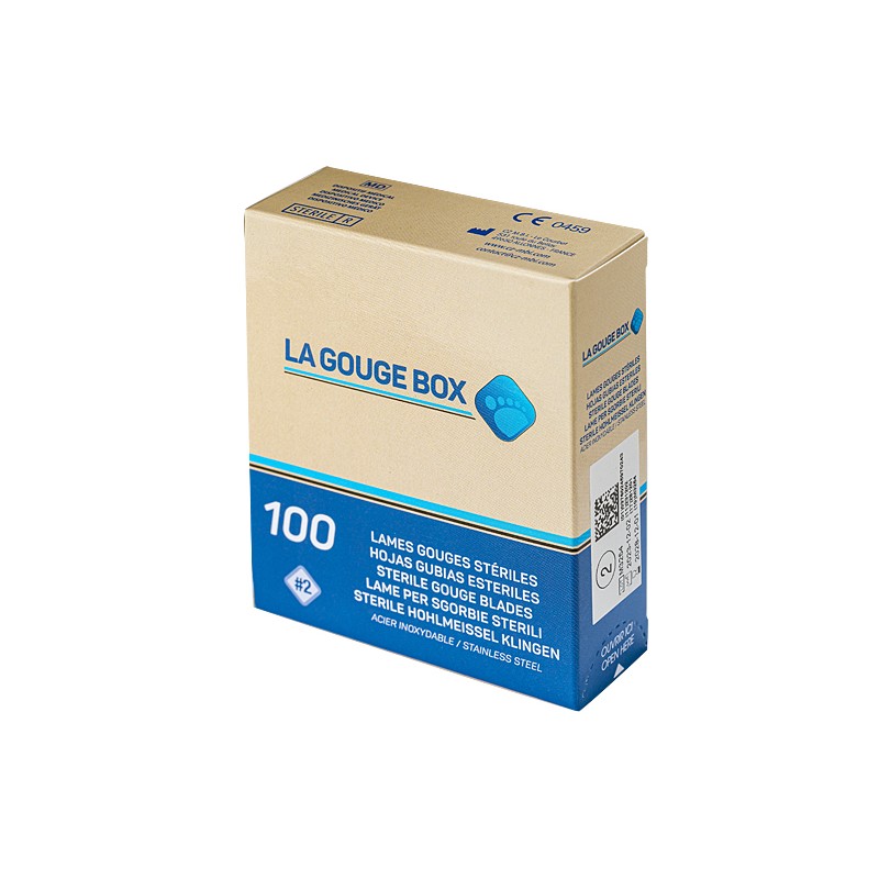 Boîte de 100 lames de gouges stériles sous emballage individuel, utilisées par les podologues