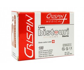 Boîte de 100 lames de bistouris stériles Crispin Medical en acier carbone, disponibles en tailles 10, 15 et 20 pour la pédicurie