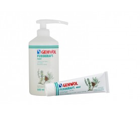 Baume rafraîchissant Gehwol Fusskraft Mint aux huiles de plantes asiatiques, disponible en formats 75 ml et 500 ml