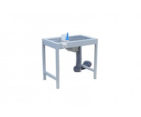 Table d'encollage ergonomique avec système d'aspiration des vapeurs de colle par le dessous pour atelier de podo-orthèse
